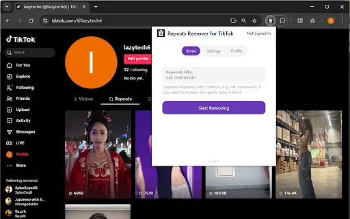 Eliminar Reposts en TikTok – Reposts Remover para Chrome - Screenshot 1